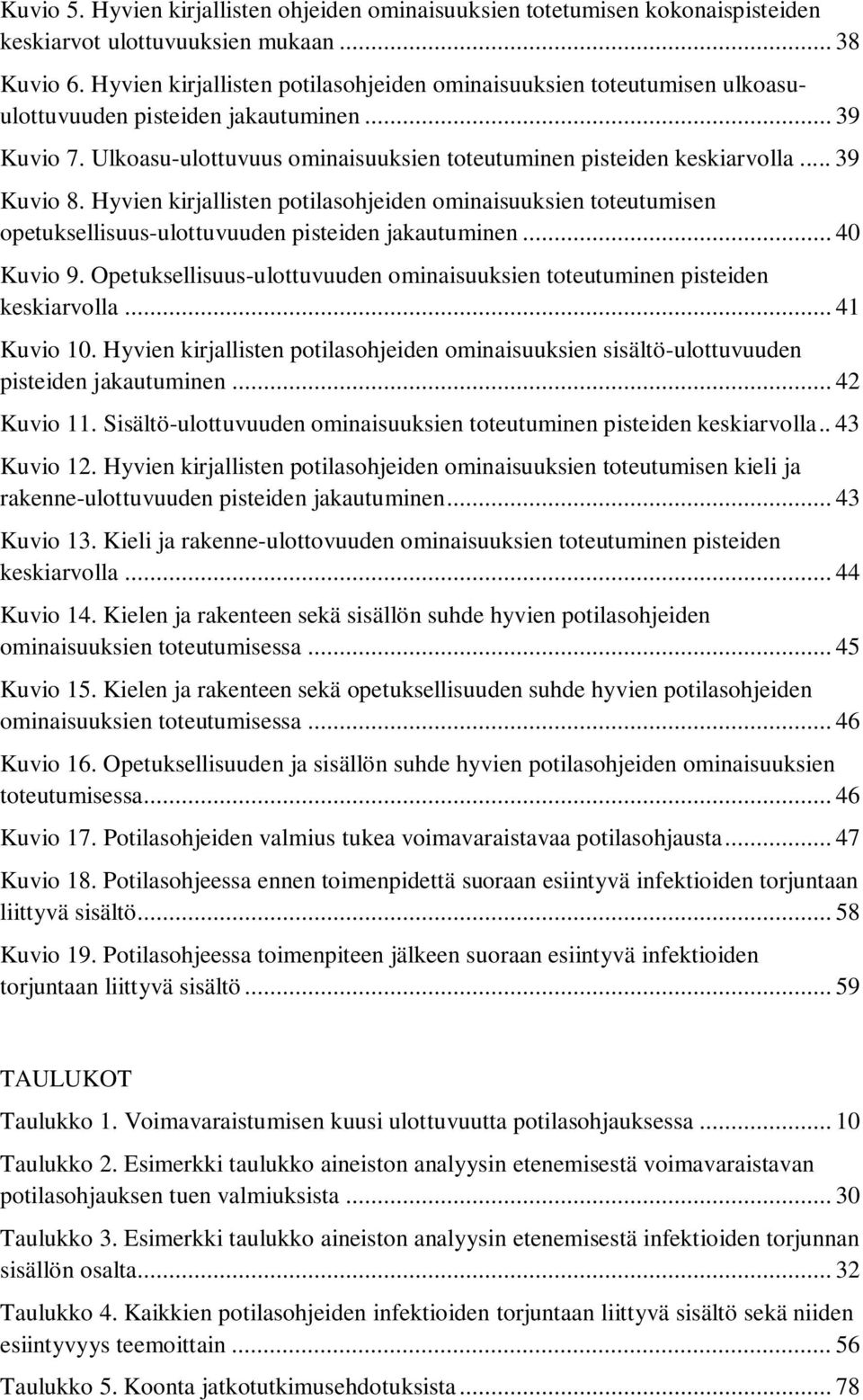 .. 39 Kuvio 8. Hyvien kirjallisten potilasohjeiden ominaisuuksien toteutumisen opetuksellisuus-ulottuvuuden pisteiden jakautuminen... 40 Kuvio 9.
