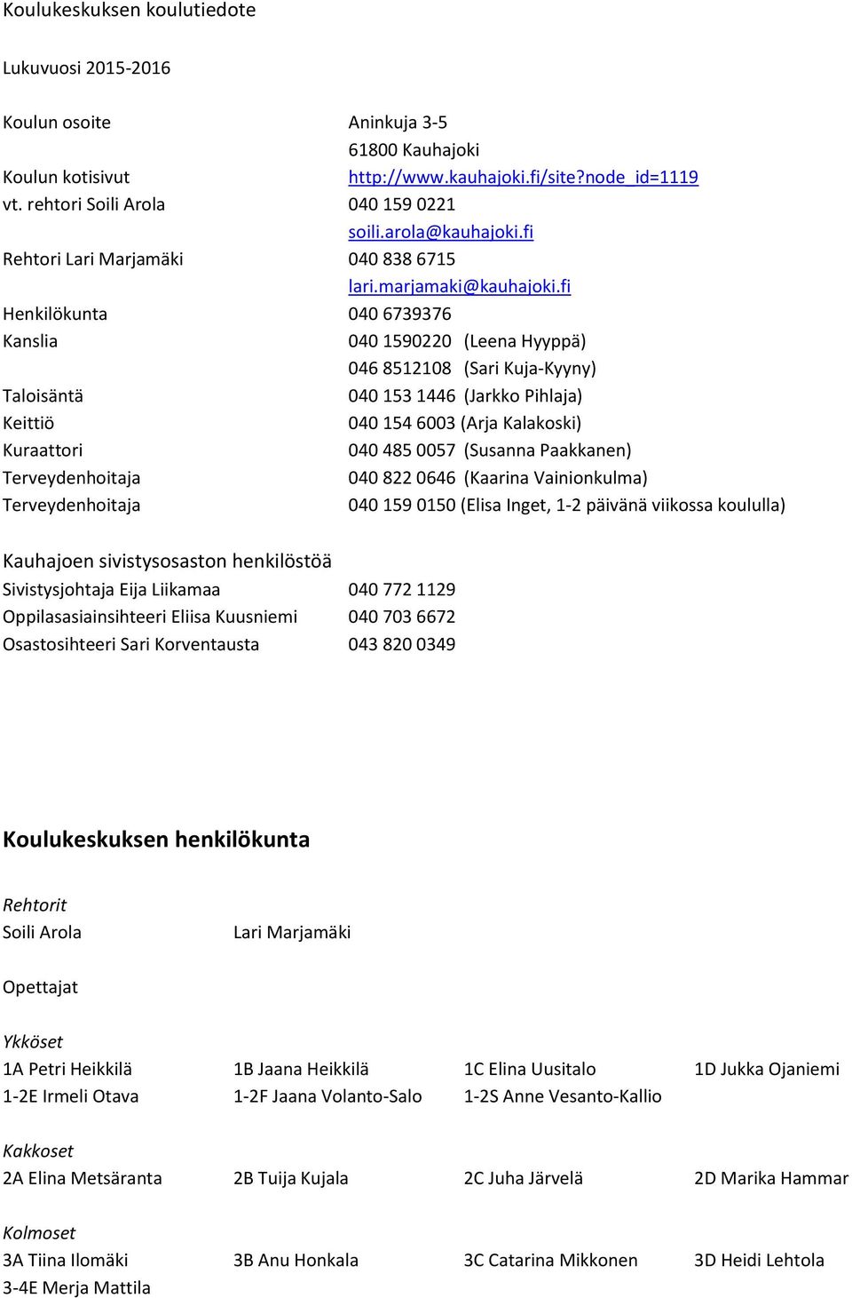 fi Henkilökunta 040 6739376 Kanslia 040 1590220 (Leena Hyyppä) 046 8512108 (Sari Kuja-Kyyny) Taloisäntä 040 153 1446 (Jarkko Pihlaja) Keittiö 040 154 6003 (Arja Kalakoski) Kuraattori 040 485 0057