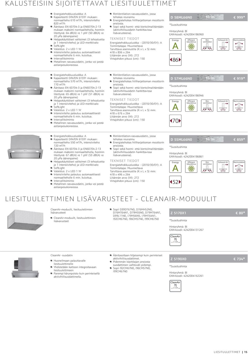 x LED 1 W Intensiiviteho palautuu automaattisesti normaaliteholle 6 min. kuluttua. Intervallitoiminto Metallinen rasvasuodatin, jonka voi pestä astianpesukoneessa.