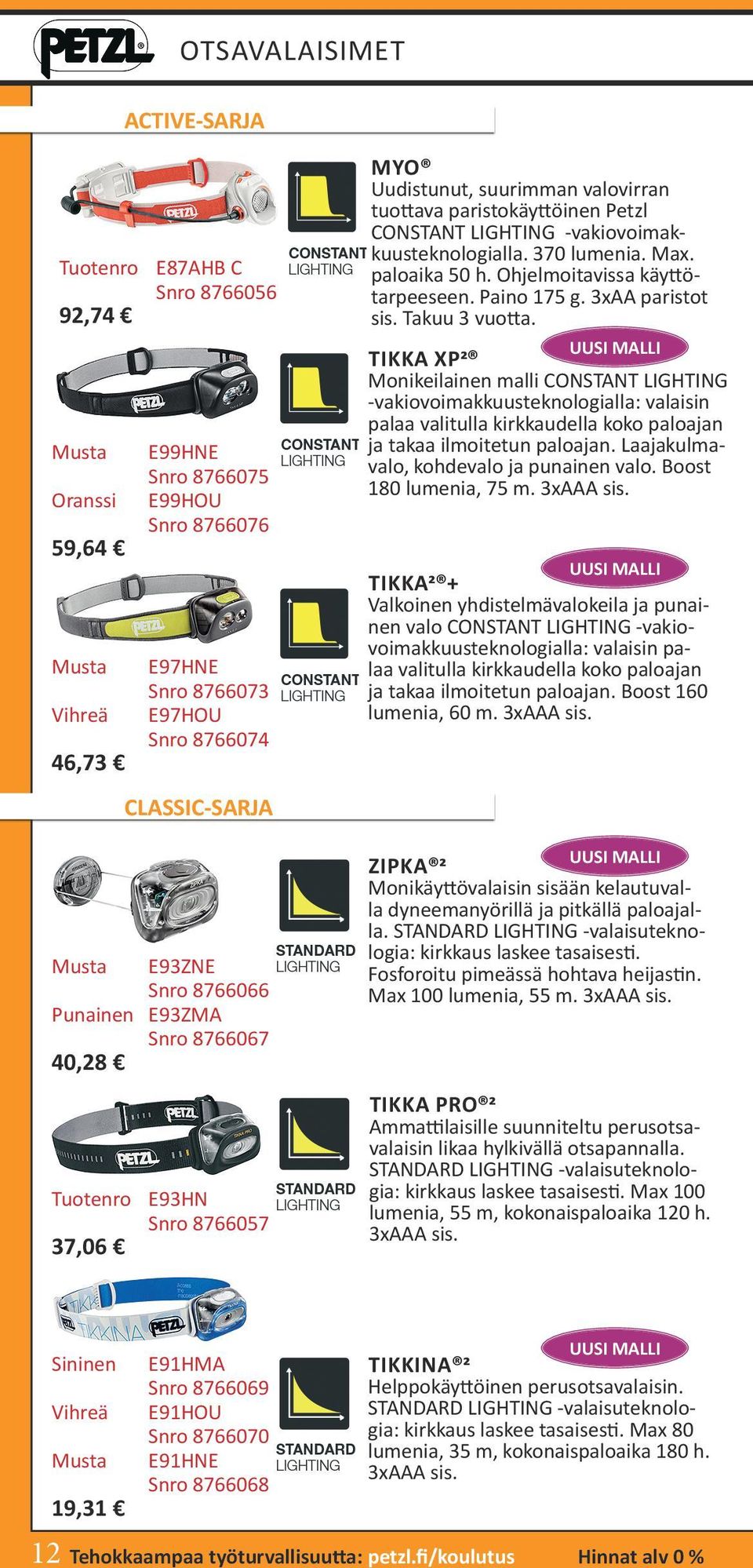 -vakiovoimakkuusteknologialla. 370 lumenia. Max. paloaika 50 h. Ohjelmoitavissa käyttötarpeeseen. Paino 175 g. 3xAA paristot sis. Takuu 3 vuotta.