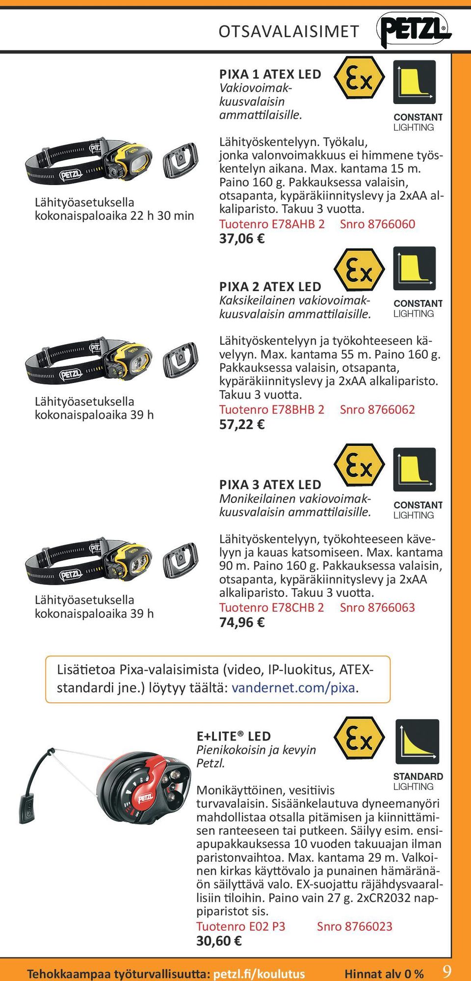 Tuotenro E78AHB 2 Snro 8766060 37,06 PIXA 2 ATEX LED Kaksikeilainen vakiovoimakkuusvalaisin ammattilaisille. Lähityöasetuksella kokonaispaloaika 39 h Lähityöskentelyyn ja työkohteeseen kävelyyn. Max.