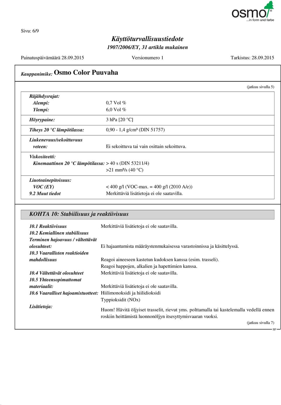 = 400 g/l (2010 A/e)) 9.2 Muut tiedot Merkittäviä lisätietoja ei ole saatavilla. KOHTA 10: