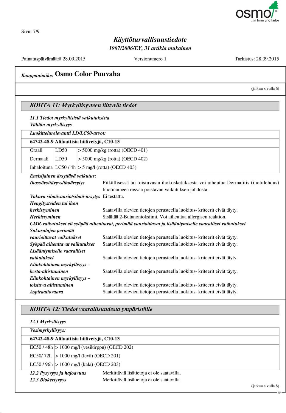 5000 mg/kg (rotta) (OECD 402) Inhaloituna LC50 / 4h > 5 mg/l (rotta) (OECD 403) Ensisijainen ärsyttävä vaikutus: Ihosyövyttävyys/ihoärsytys Pitkällisessä tai toistuvasta ihokosketuksesta voi aiheutua