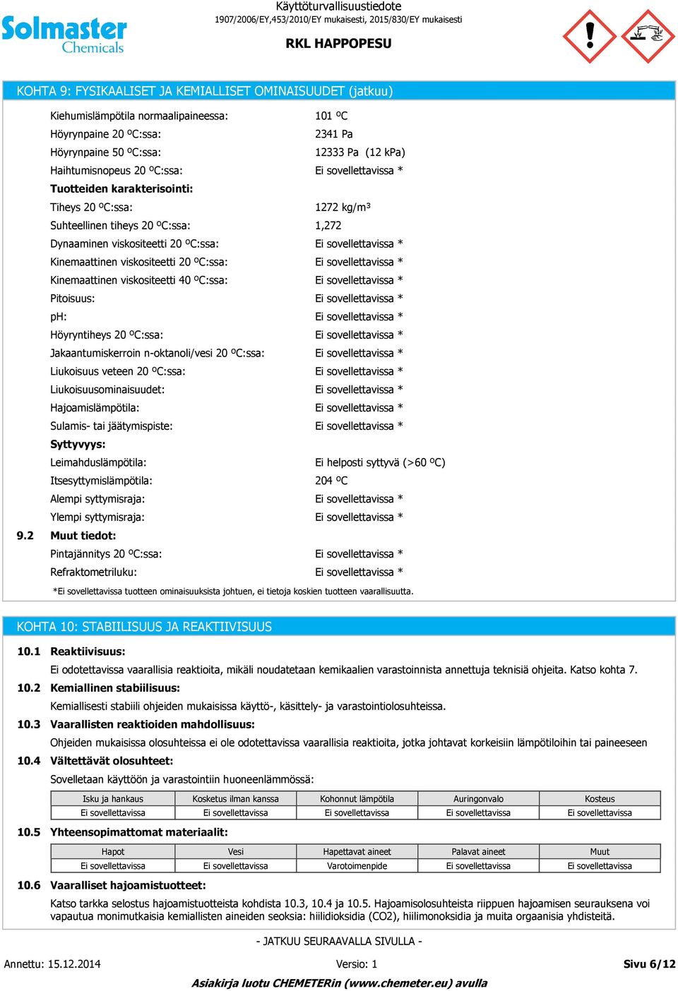 viskositeetti 20 ºC:ssa: Kinemaattinen viskositeetti 20 ºC:ssa: Kinemaattinen viskositeetti 40 ºC:ssa: Pitoisuus: ph: Höyryntiheys 20 ºC:ssa: Jakaantumiskerroin n-oktanoli/vesi 20 ºC:ssa: Liukoisuus