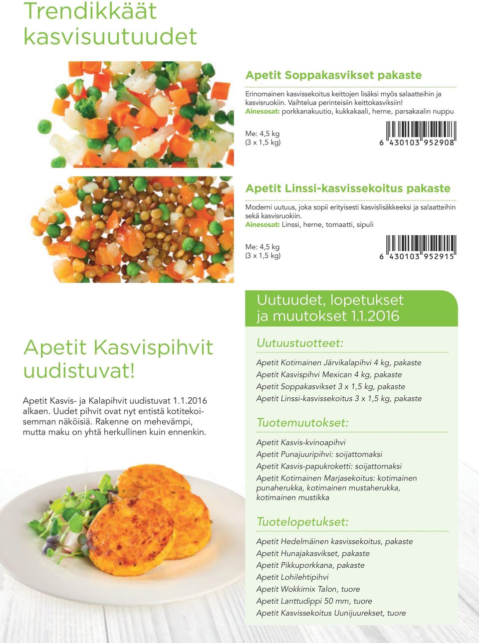 sekä kasvisruokiin. Ainesosat: Linssi, herne, tomaatti, sipuli Me: 4,5 kg (3 x 1,5 kg) Uutuudet, lopetukset ja muutokset 1.1.2016 Apetit Kasvispihvit uudistuvat!