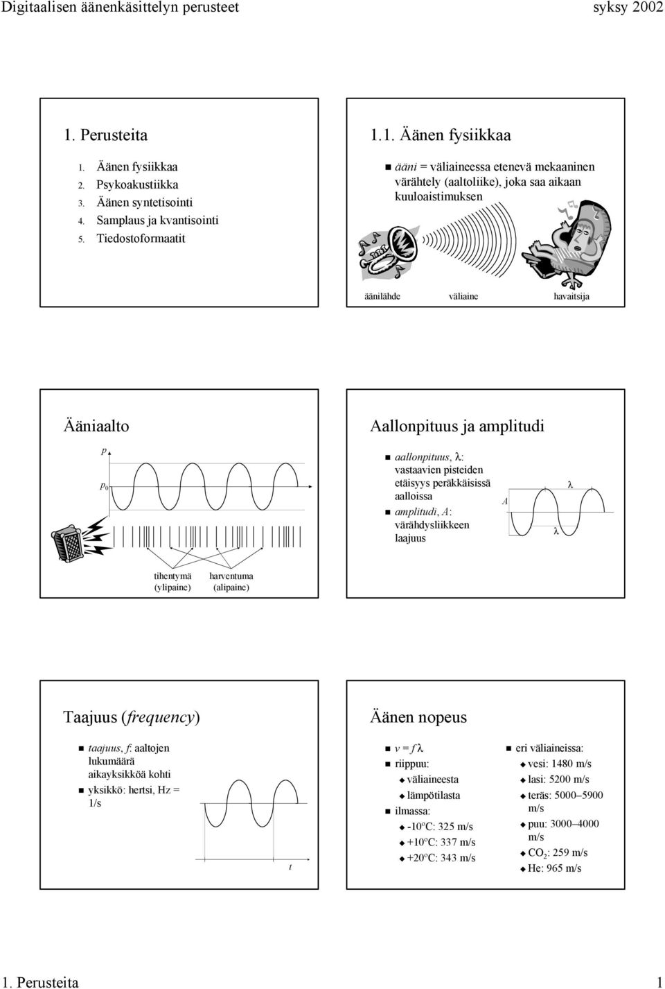 amplitudi, A: värähdysliikkeen laajuus A λ λ tihentymä (ylipaine) harventuma (alipaine) Taajuus (frequency) Äänen nopeus taajuus, f: aaltojen lukumäärä aikayksikköä kohti yksikkö: hertsi, Hz = 1/s t