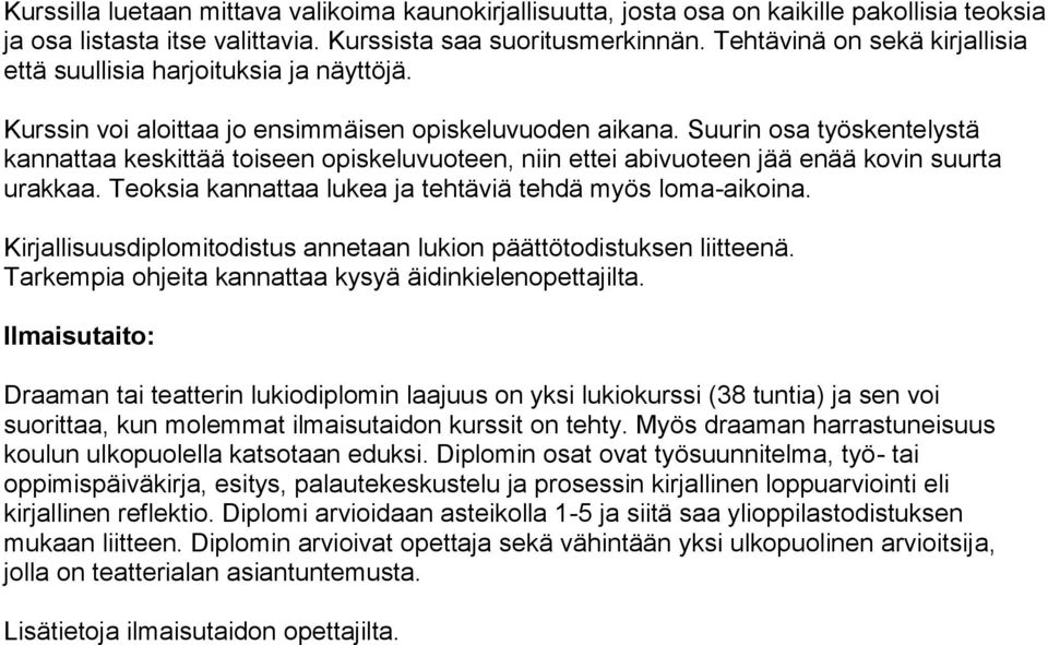 Suurin osa työskentelystä kannattaa keskittää toiseen opiskeluvuoteen, niin ettei abivuoteen jää enää kovin suurta urakkaa. Teoksia kannattaa lukea ja tehtäviä tehdä myös loma-aikoina.