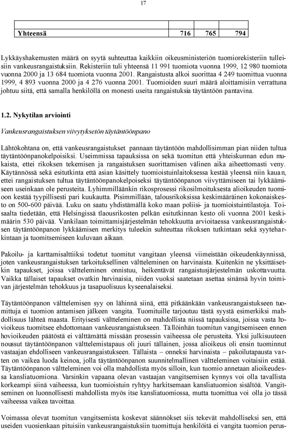 Rangaistusta alkoi suorittaa 4 249 tuomittua vuonna 1999, 4 893 vuonna 2000 ja 4 276 vuonna 2001.