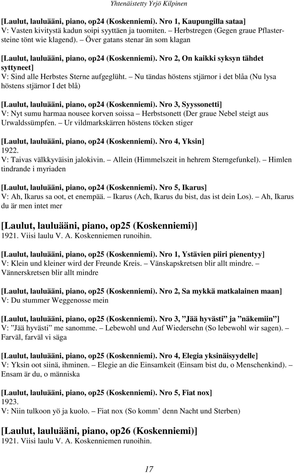 Nu tändas höstens stjärnor i det blåa (Nu lysa höstens stjärnor I det blå) [Laulut, lauluääni, piano, op24 (Koskenniemi).