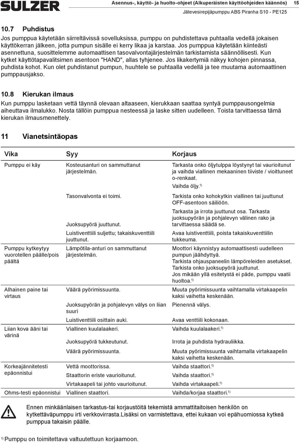 Jos pumppua käytetään kiinteästi asennettuna, suosittelemme automaattisen tasovalvontajärjestelmän tarkistamista säännöllisesti. Kun kytket käyttötapavalitsimen asentoon "HAND", allas tyhjenee.