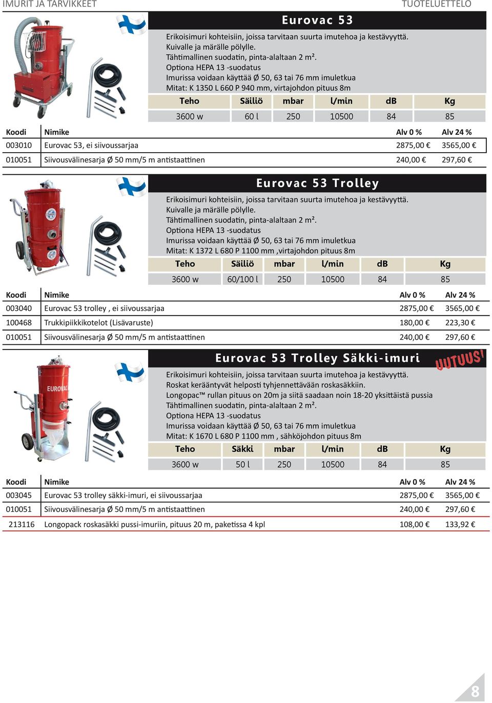 2875,00 3565,00 010051 Siivousvälinesarja Ø 50 mm/5 m antistaattinen 240,00 297,60 Eurovac 53 Trolley Erikoisimuri kohteisiin, joissa tarvitaan suurta imutehoa ja kestävyyttä.