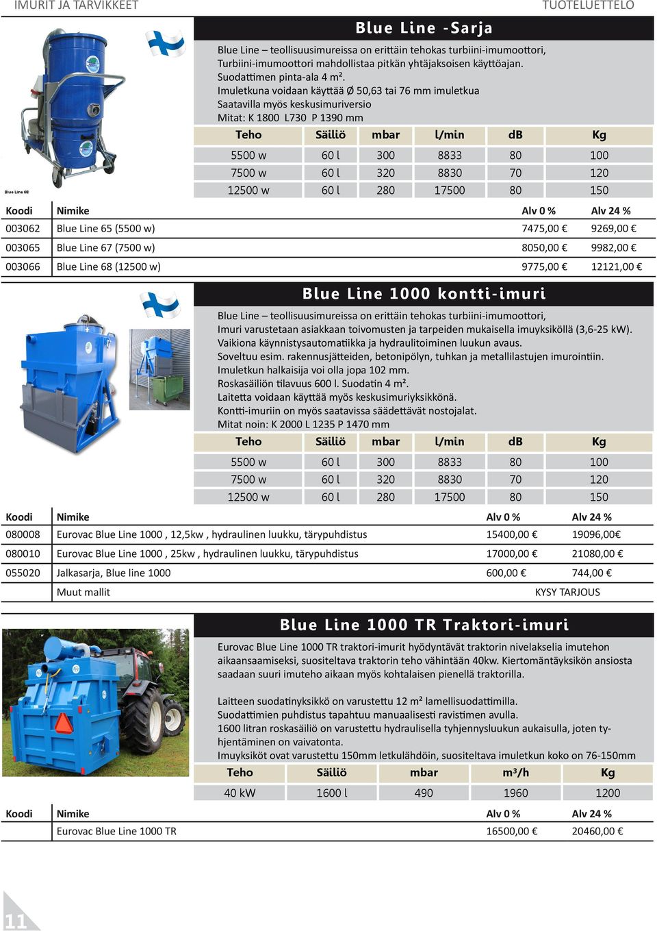 150 003062 Blue Line 65 (5500 w) 7475,00 9269,00 003065 Blue Line 67 (7500 w) 8050,00 9982,00 003066 Blue Line 68 (12500 w) 9775,00 12121,00 080008 Eurovac Blue Line 1000, 12,5kw, hydraulinen luukku,