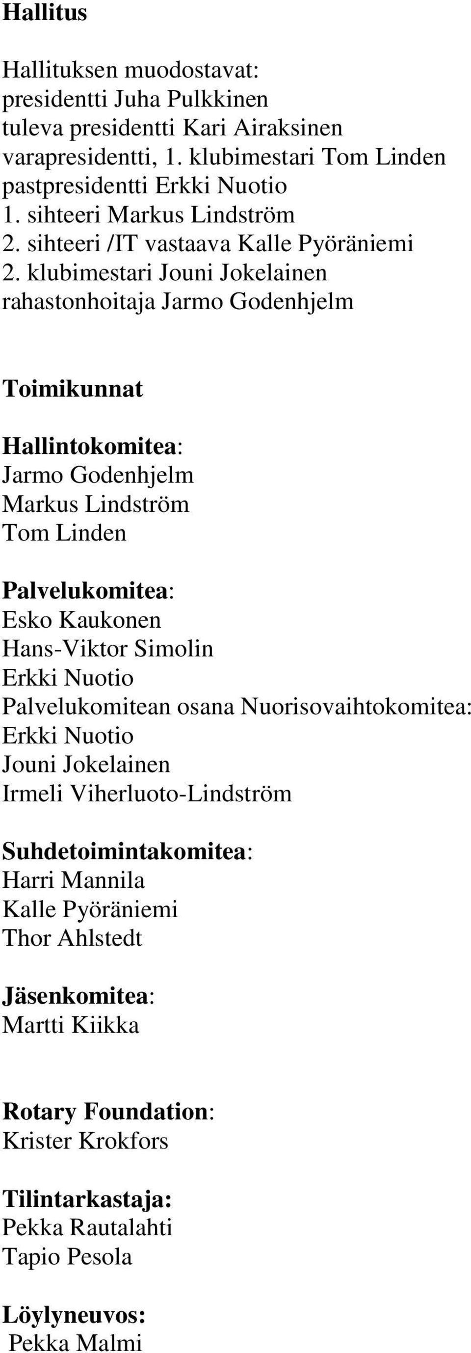 klubimestari Jouni Jokelainen rahastonhoitaja Jarmo Godenhjelm Toimikunnat Hallintokomitea: Jarmo Godenhjelm Markus Lindström Tom Linden Palvelukomitea: Esko Kaukonen Hans-Viktor Simolin