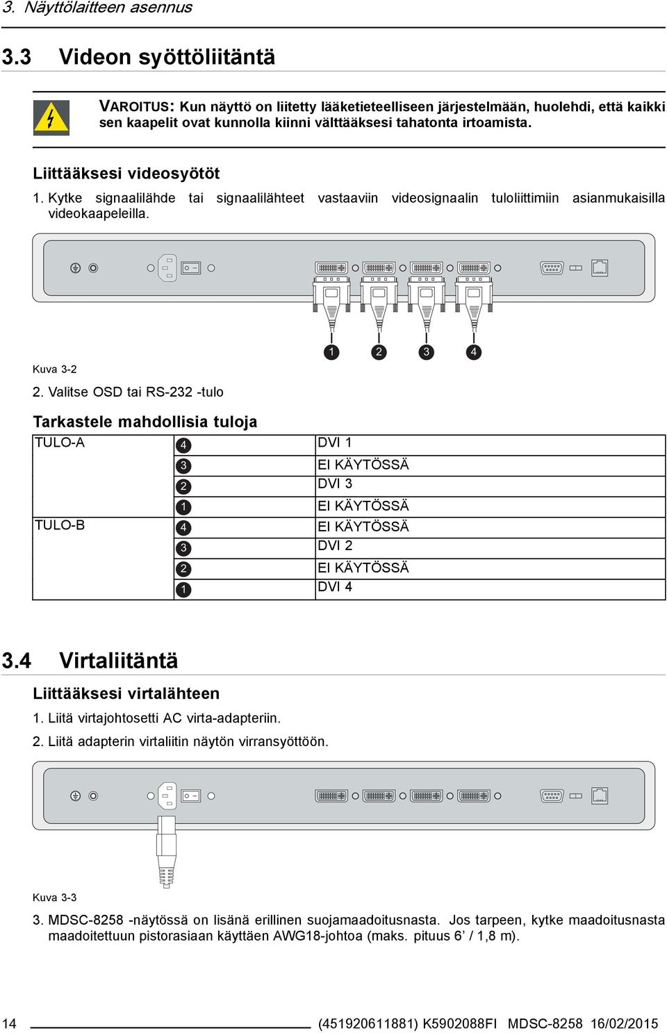 Liittääksesi videosyötöt 1. Kytke signaalilähde tai signaalilähteet vastaaviin videosignaalin tuloliittimiin asianmukaisilla videokaapeleilla. Kuva 3-2 2.