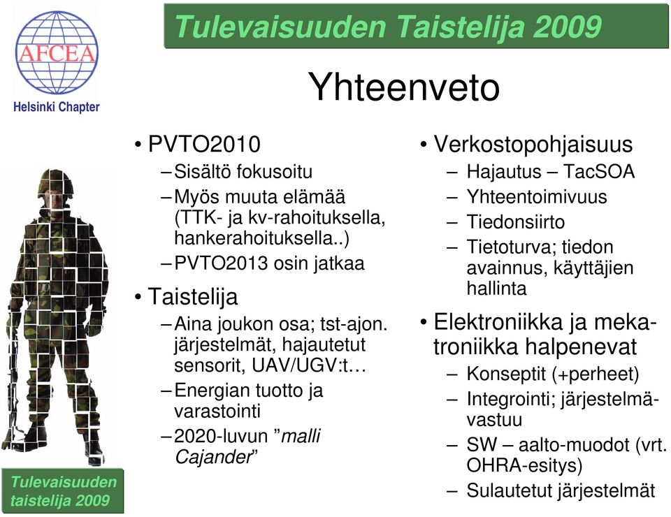 järjestelmät, hajautetut sensorit, UAV/UGV:t Energian tuotto ja varastointi 2020-luvun malli Cajander Verkostopohjaisuus Hajautus TacSOA