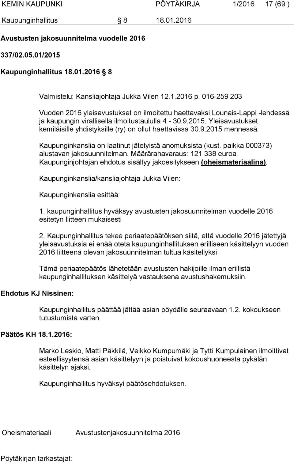 Yleisavustukset kemiläisille yhdistyksille (ry) on ollut haettavissa 30.9.2015 mennessä. Kaupunginkanslia on laatinut jätetyistä anomuksista (kust. paikka 000373) alustavan jakosuunnitelman.