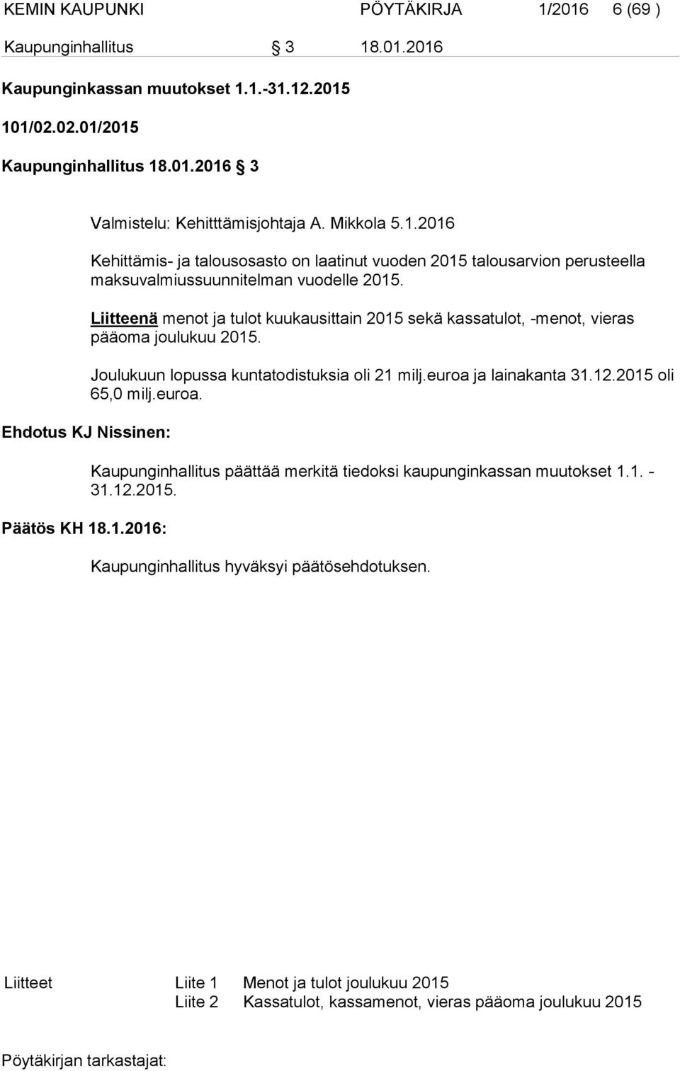 Liitteenä menot ja tulot kuukausittain 2015 sekä kassatulot, -menot, vieras pääoma joulukuu 2015. Joulukuun lopussa kuntatodistuksia oli 21 milj.euroa ja lainakanta 31.12.