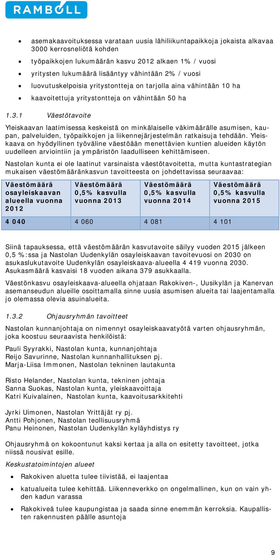 1 Väestötavoite Yleiskaavan laatimisessa keskeistä on minkälaiselle väkimäärälle asumisen, kaupan, palveluiden, työpaikkojen ja liikennejärjestelmän ratkaisuja tehdään.