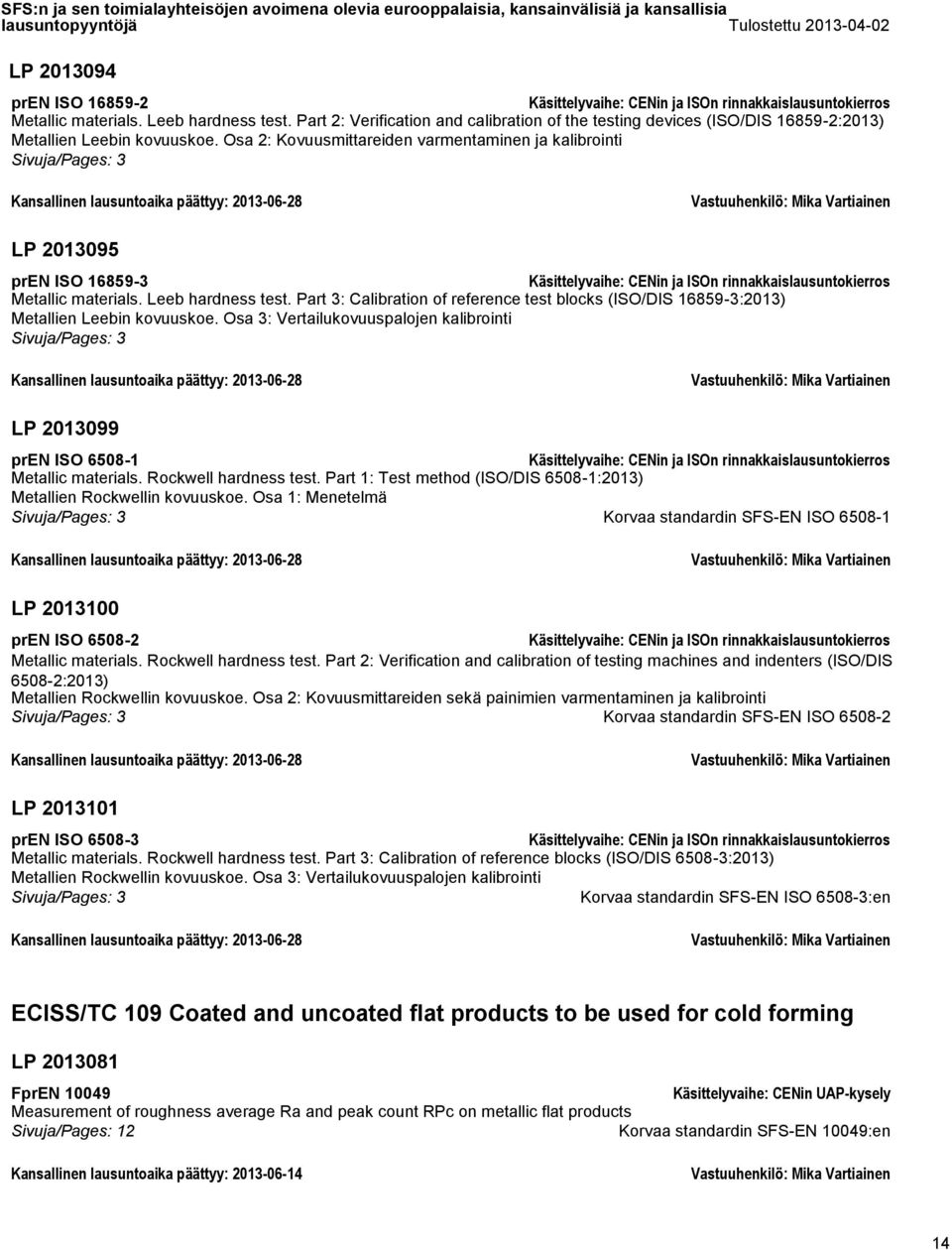 Part 3: Calibration of reference test blocks (ISO/DIS 16859-3:2013) Metallien Leebin kovuuskoe.