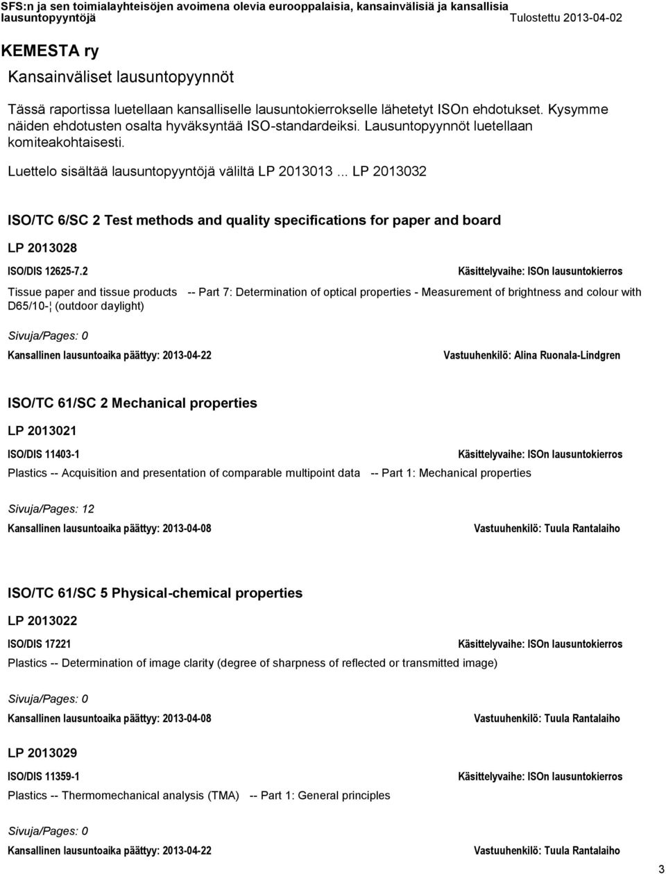 .. LP 2013032 ISO/TC 6/SC 2 Test methods and quality specifications for paper and board LP 2013028 ISO/DIS 12625-7.