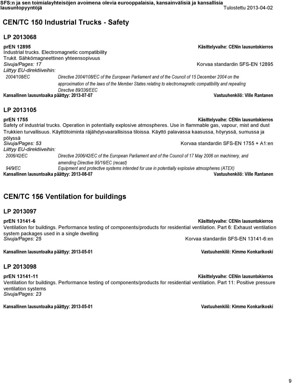 European Parliament and of the Council of 15 December 2004 on the approximation of the laws of the Member States relating to electromagnetic compatibility and repealing Vastuuhenkilö: Ville Rantanen