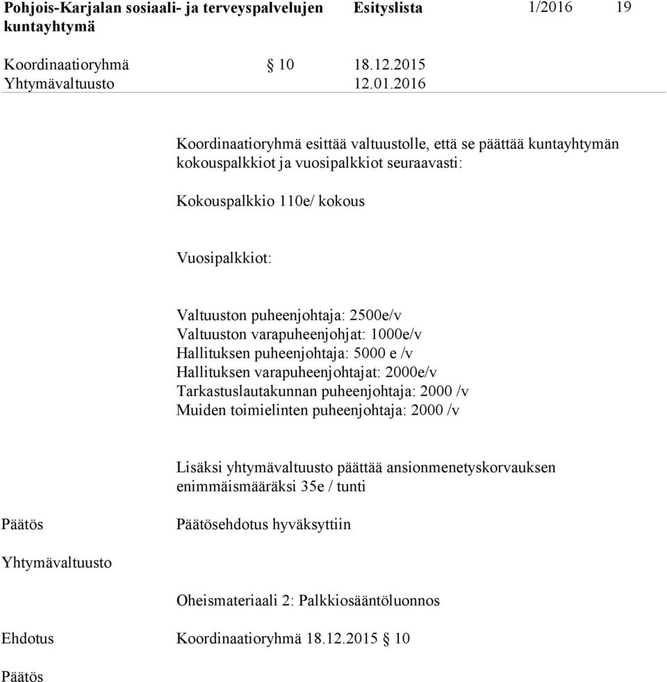 Valtuuston puheenjohtaja: 2500e/v Valtuuston varapuheenjohjat: 1000e/v Hallituksen puheenjohtaja: 5000 e /v Hallituksen varapuheenjohtajat: 2000e/v