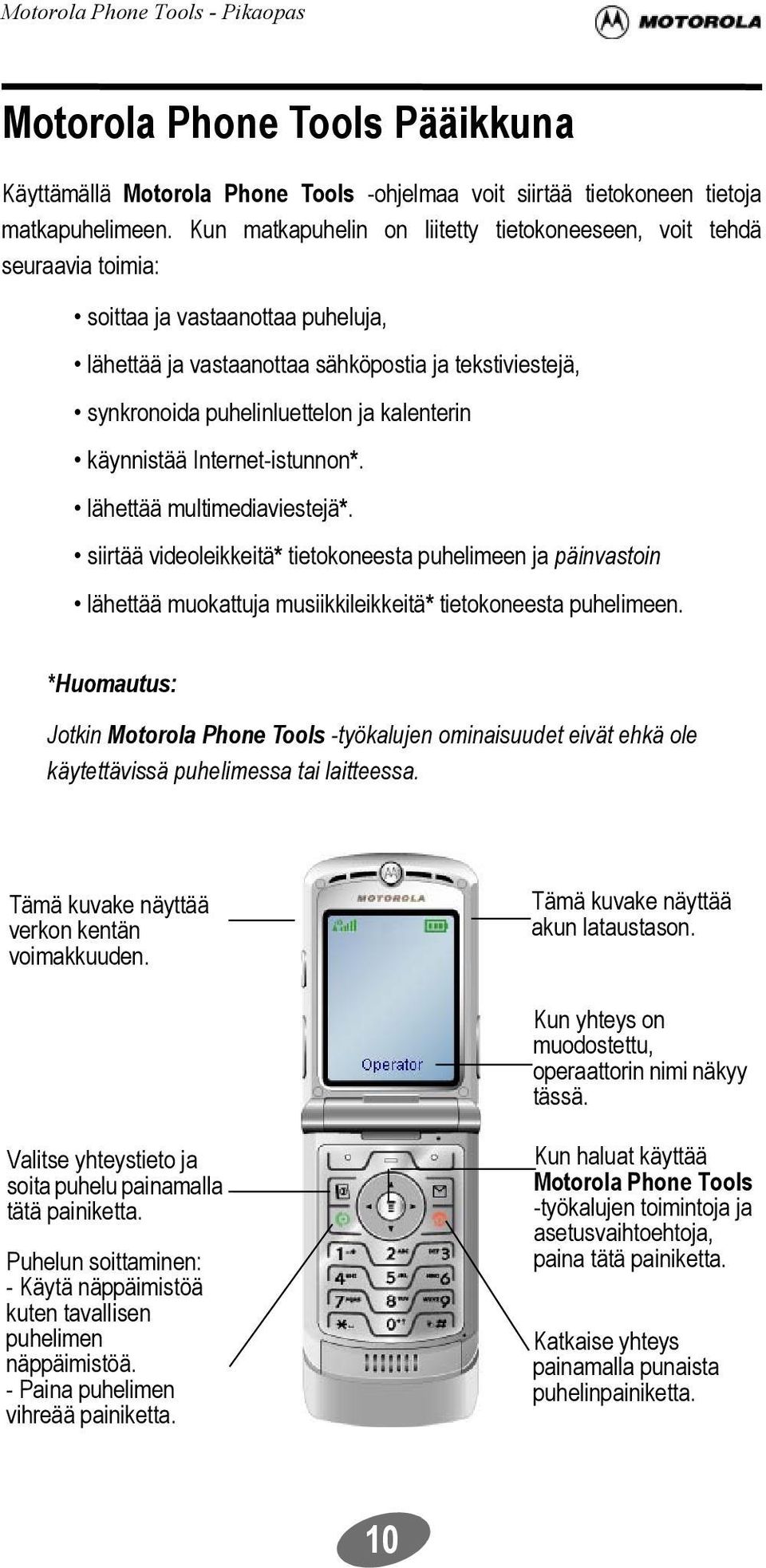 kalenterin käynnistää Internet-istunnon*. lähettää multimediaviestejä*. siirtää videoleikkeitä* tietokoneesta puhelimeen ja päinvastoin lähettää muokattuja musiikkileikkeitä* tietokoneesta puhelimeen.