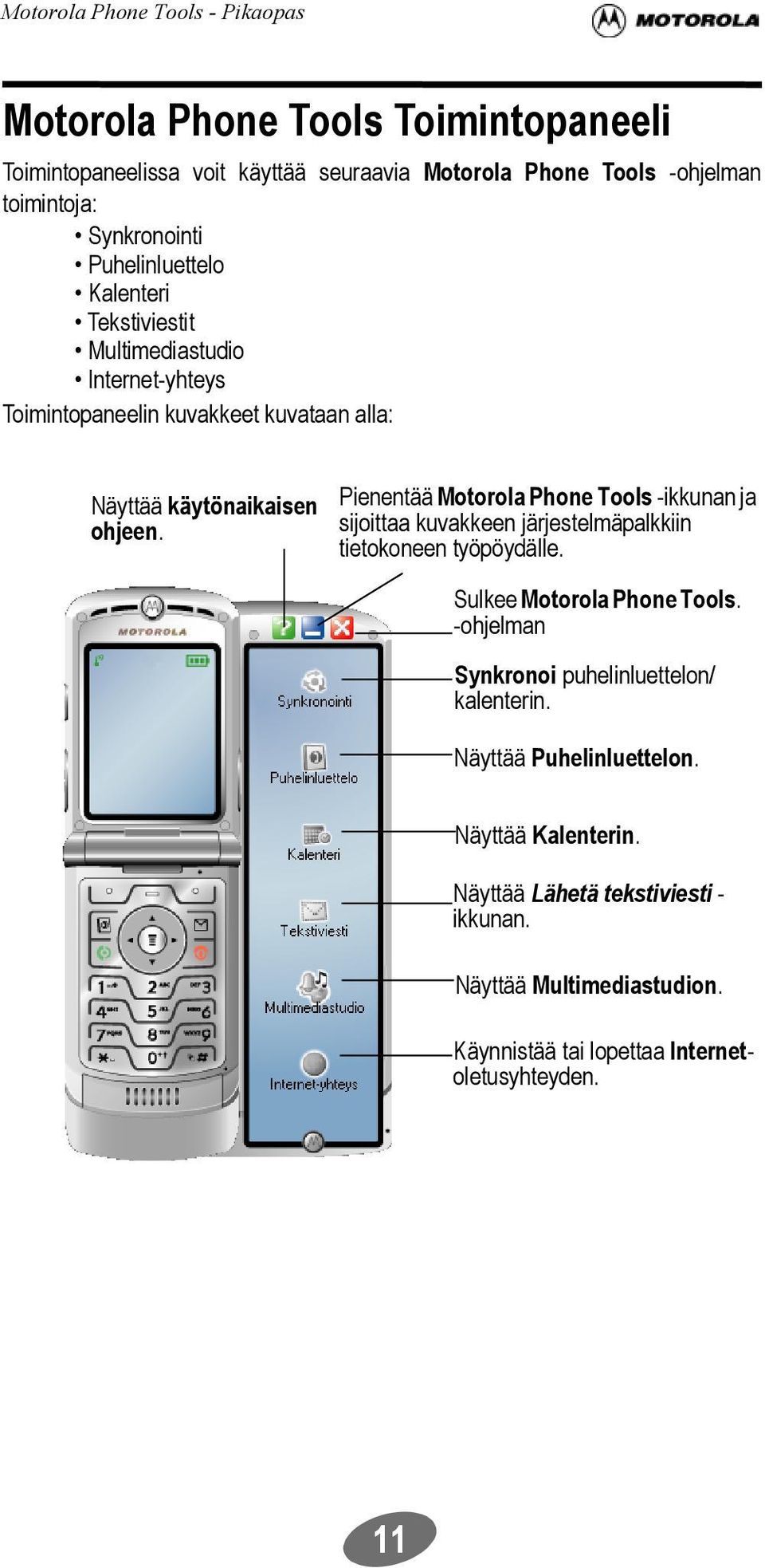 Pienentää Motorola Phone Tools -ikkunan ja sijoittaa kuvakkeen järjestelmäpalkkiin tietokoneen työpöydälle. Sulkee Motorola Phone Tools.