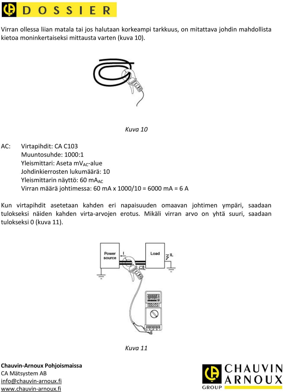 Kuva 10 AC: Virtapihdit: CA C103 Muuntosuhde: 1000:1 Yleismittari: Aseta mv AC -alue Johdinkierrosten lukumäärä: 10 Yleismittarin näyttö: