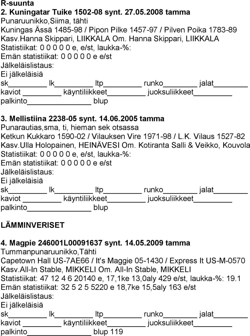 2005 tamma Punarautias,sma, ti, hieman sek otsassa Ketkun Kukkaro 1590-02 / Vilauksen Vire 1971-98 / L.K. Vilaus 1527-82 Kasv.Ulla Holopainen, HEINÄVESI Om.