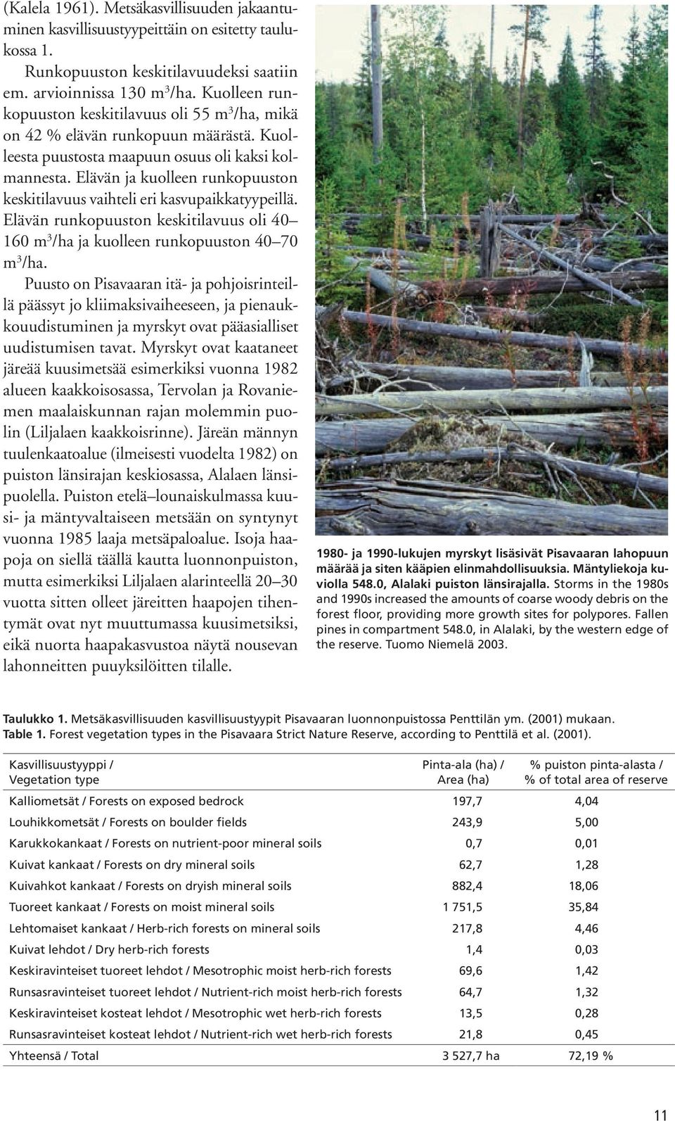 Elävän ja kuolleen runkopuuston keskitilavuus vaihteli eri kasvupaikkatyypeillä. Elävän runkopuuston keskitilavuus oli 40 160 m 3 /ha ja kuolleen runkopuuston 40 70 m 3 /ha.