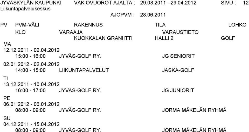 JG SENIORIT 02.01.2012-02.04.2012 14:00-15:00 LIIKUNTAPALVELUT JASKA-GOLF TI 13.12.2011-10.04.2012 16:00-17:00 JYVÄS-GOLF RY.