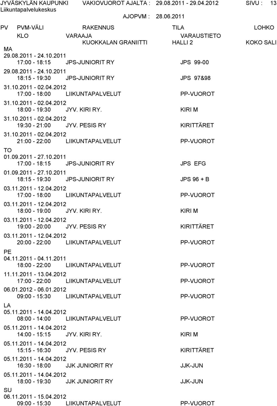 09.2011-27.10.2011 17:00-18:15 JPS-JUNIORIT RY JPS EFG 01.09.2011-27.10.2011 18:15-19:30 JPS-JUNIORIT RY JPS 96 + B 03.11.2011-12.04.2012 17:00-18:00 LIIKUNTAPALVELUT PP-VUOROT 03.11.2011-12.04.2012 18:00-19:00 JYV.