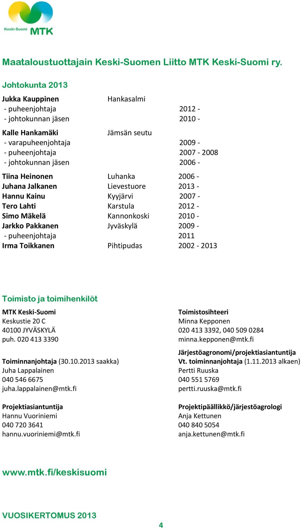 - Tiina Heinonen Luhanka 2006 - Juhana Jalkanen Lievestuore 2013 - Hannu Kainu Kyyjärvi 2007 - Tero Lahti Karstula 2012 - Simo Mäkelä Kannonkoski 2010 - Jarkko Pakkanen Jyväskylä 2009 - -