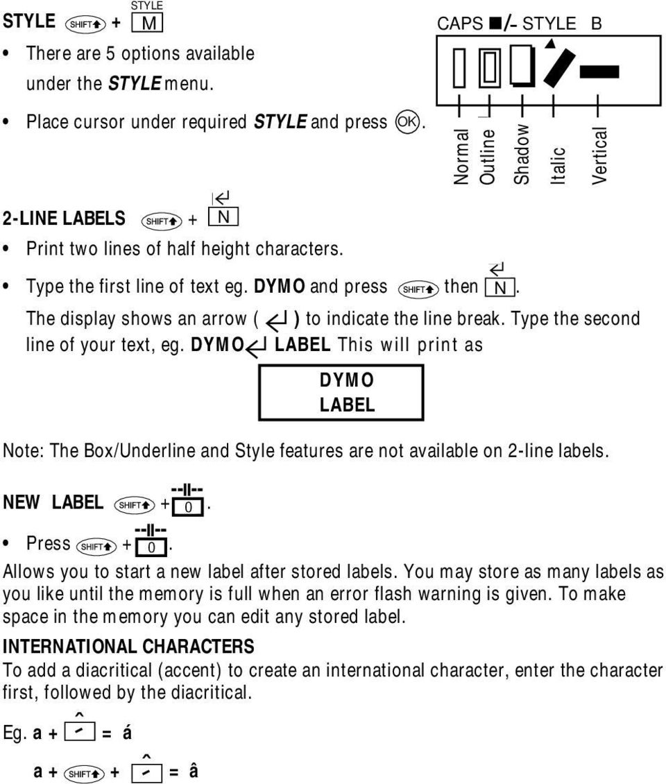 DYMO LABEL This will print as DYMO LABEL Note: The Box/Underline and Style features are not available on 2-line labels. NEW LABEL + O. Press + O. Allows you to start a new label after stored labels.