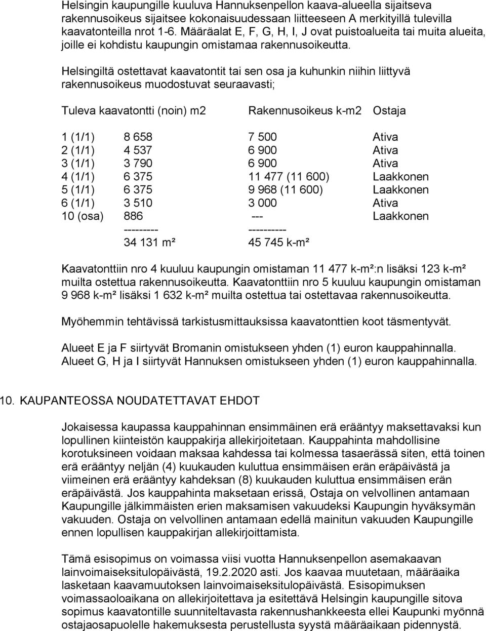 Helsingiltä ostettavat kaavatontit tai sen osa ja kuhunkin niihin liittyvä rakennusoikeus muodostuvat seuraavasti; Tuleva kaavatontti (noin) m2 Rakennusoikeus k-m2 Ostaja 1 (1/1) 8 658 7 500 Ativa 2