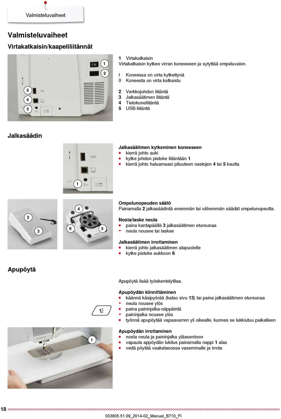 kierrä johto auki kytke johdon pistoke liitäntään 1 kierrä johto haluamaasi pituuteen nastojen 4 tai 5 kautta 1 4 Ompelunopeuden säätö Painamalla 2 jalkasäädintä enemmän tai vähemmän säädät