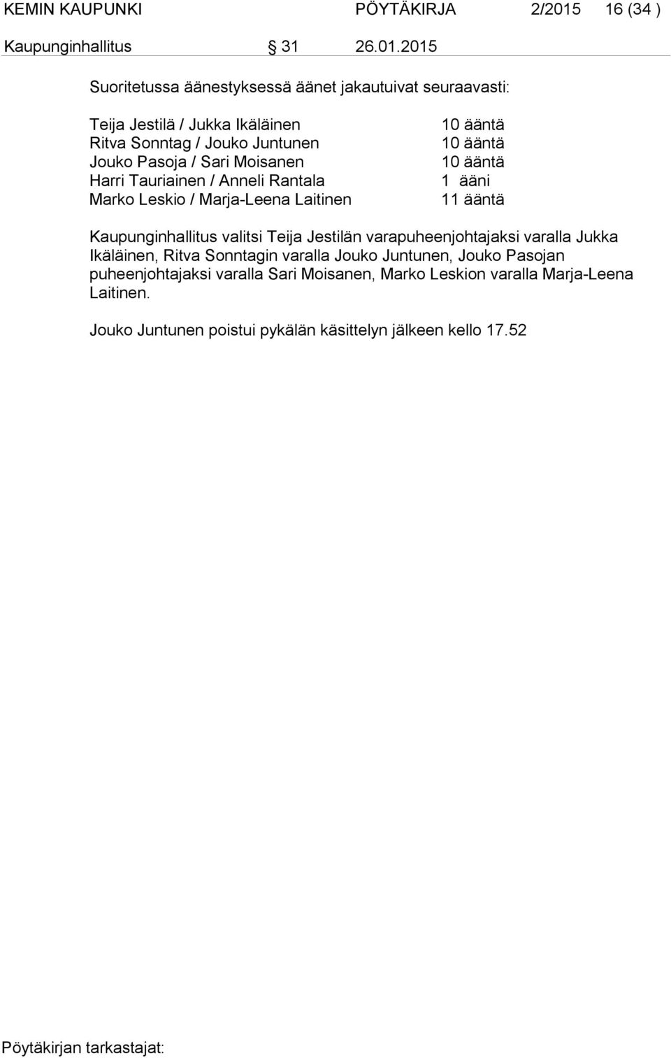 2015 Suoritetussa äänestyksessä äänet jakautuivat seuraavasti: Teija Jestilä / Jukka Ikäläinen Ritva Sonntag / Jouko Juntunen Jouko Pasoja / Sari Moisanen
