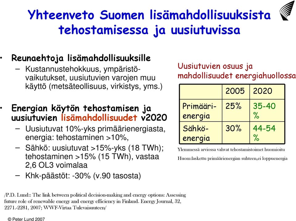 ) Energian käytön tehostamisen ja uusiutuvien lisämahdollisuudet v2020 Uusiutuvat 10%-yks primäärienergiasta, energia: tehostaminen >10%, Sähkö: uusiutuvat >15%-yks (18 TWh); tehostaminen >15% (15