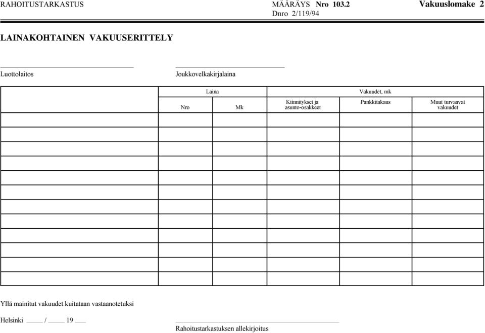 Joukkovelkakirjalaina Laina Vakuudet, mk Kiinnitykset ja Pankkitakaus Muut turvaavat Nro
