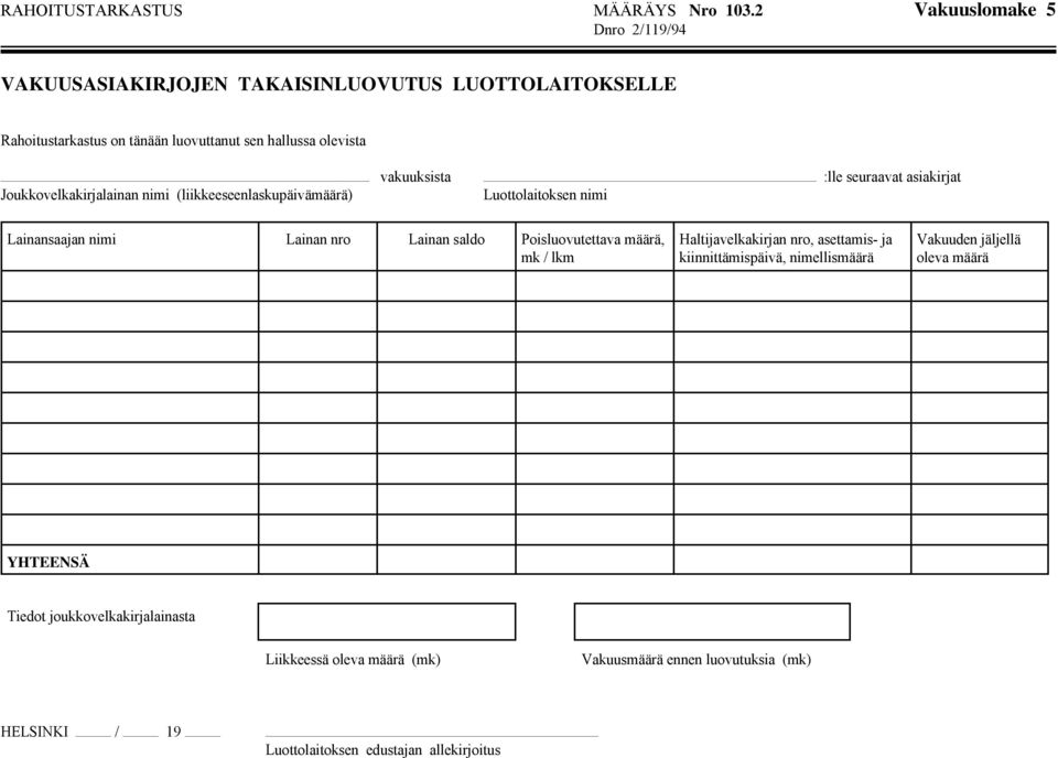 Joukkovelkakirjalainan nimi (liikkeeseenlaskupäivämäärä) ÕÕÕÕÕÕÕÕÕÕÕÕÕÕ :lle seuraavat asiakirjat Luottolaitoksen nimi Lainansaajan nimi Lainan nro Lainan saldo