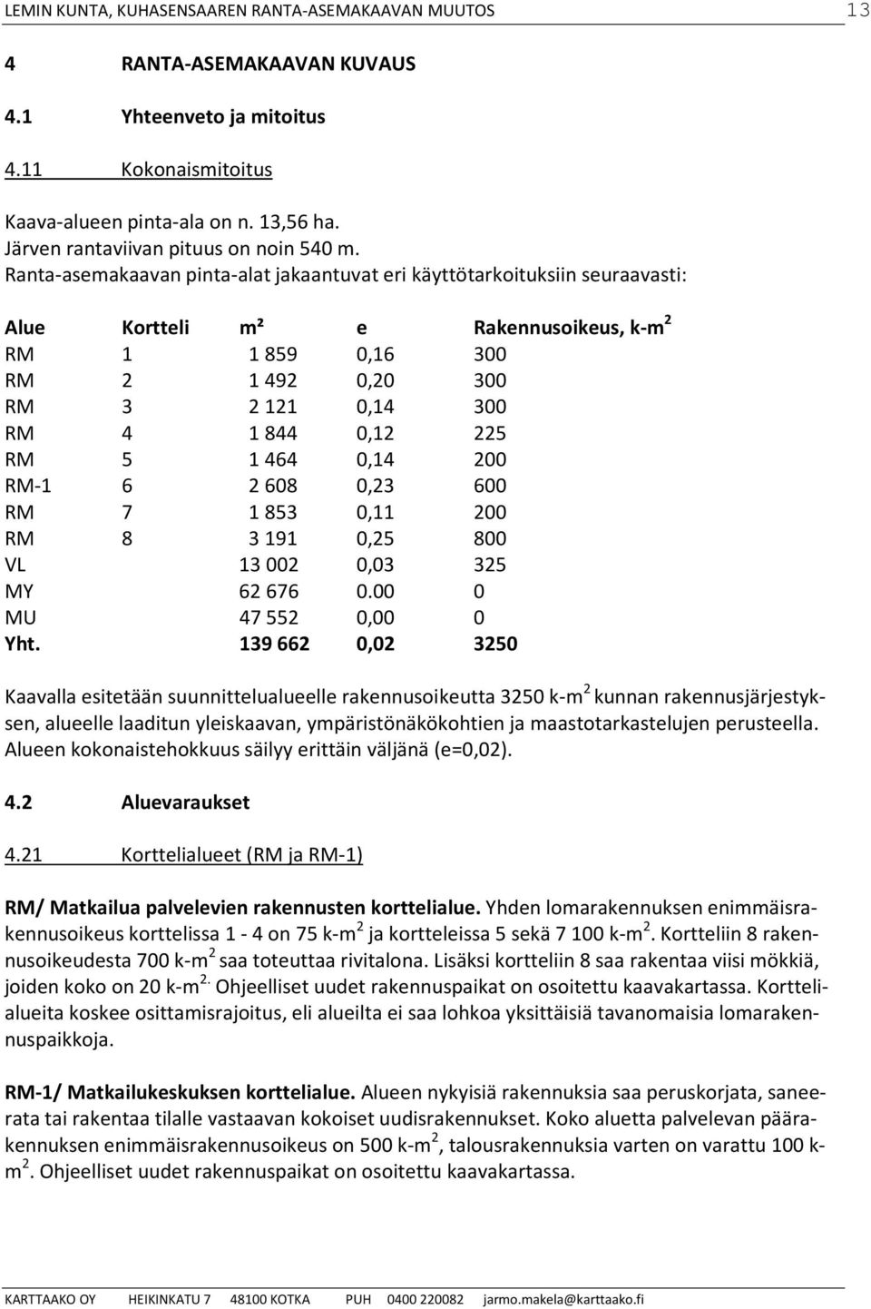 Ranta-asemakaavan pinta-alat jakaantuvat eri käyttötarkoituksiin seuraavasti: Alue Kortteli m² e Rakennusoikeus, k-m 2 RM 1 1859 0,16 300 RM 2 1492 0,20 300 RM 3 2121 0,14 300 RM 4 1844 0,12 225 RM 5