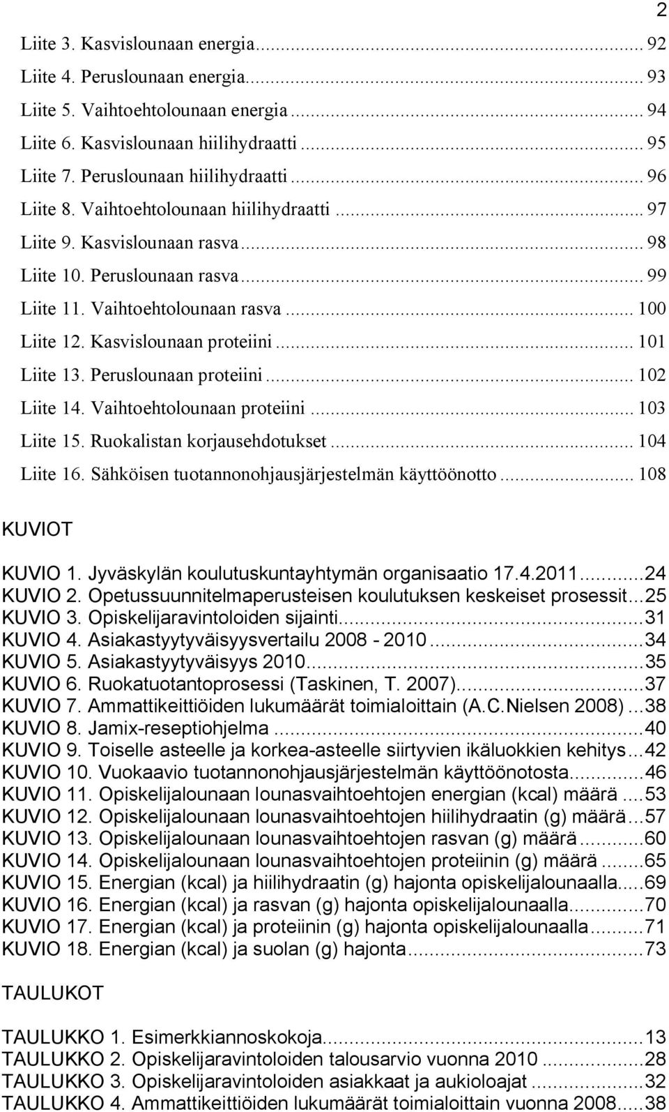 .. 101 Liite 13. Peruslounaan proteiini... 102 Liite 14. Vaihtoehtolounaan proteiini... 103 Liite 15. Ruokalistan korjausehdotukset... 104 Liite 16. Sähköisen tuotannonohjausjärjestelmän käyttöönotto.