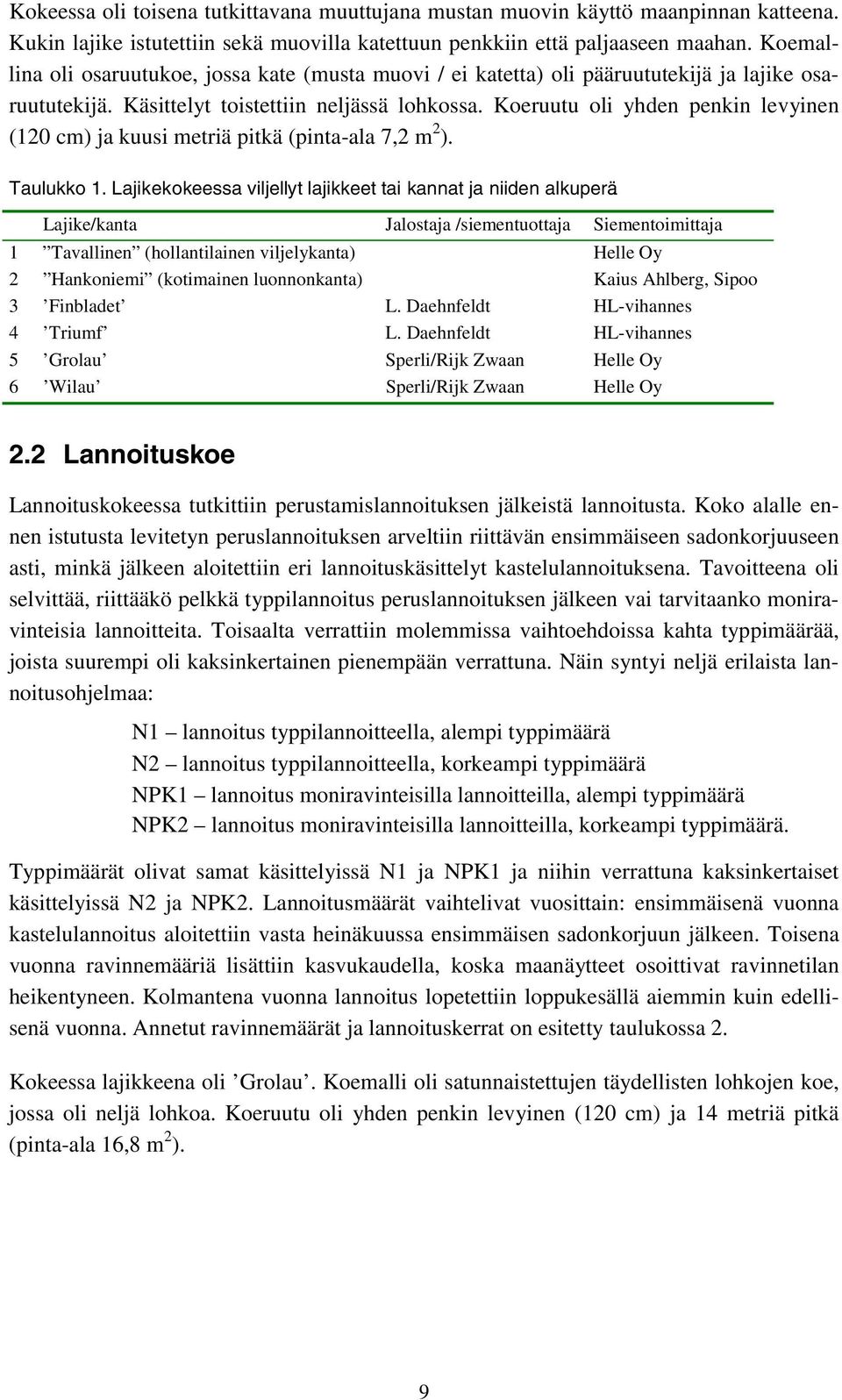 Koeruutu oli yhden penkin levyinen (120 cm) ja kuusi metriä pitkä (pinta-ala 7,2 m 2 ). Taulukko 1. Lajikekokeessa viljellyt lajikkeet tai kannat ja niiden alkuperä.