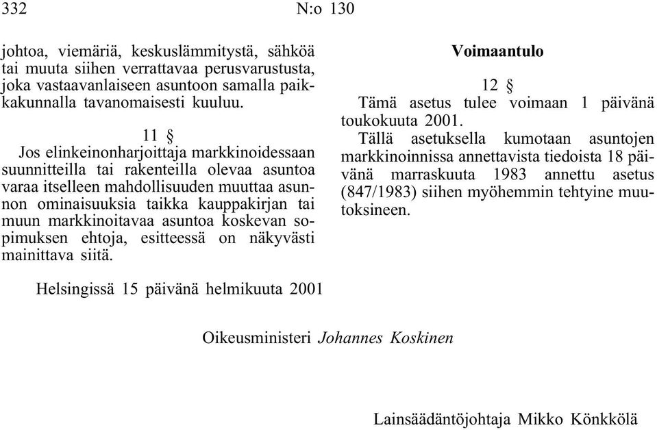 asuntoa koskevan sopimuksen ehtoja, esitteessä on näkyvästi mainittava siitä. Voimaantulo 12 Tämä asetus tulee voimaan 1 päivänä toukokuuta 2001.