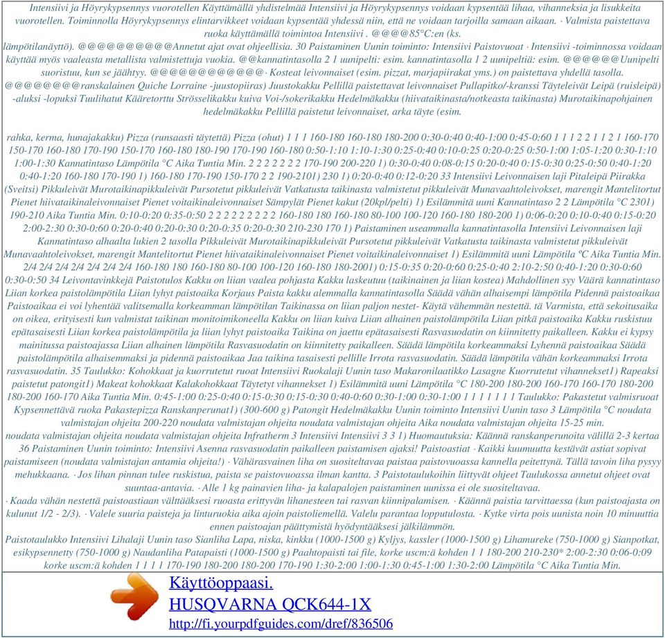 lämpötilanäyttö). @@@@@@@@@@Annetut ajat ovat ohjeellisia. 30 Paistaminen Uunin toiminto: Intensiivi Paistovuoat Intensiivi -toiminnossa voidaan käyttää myös vaaleasta metallista valmistettuja vuokia.
