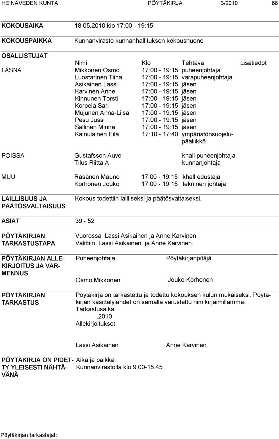 varapuheenjohtaja Asikainen Lassi 17:00-19:15 jäsen Karvinen Anne 17:00-19:15 jäsen Kinnunen Torsti 17:00-19:15 jäsen Korpela Sari 17:00-19:15 jäsen Mujunen Anna-Liisa 17:00-19:15 jäsen Pesu Jussi