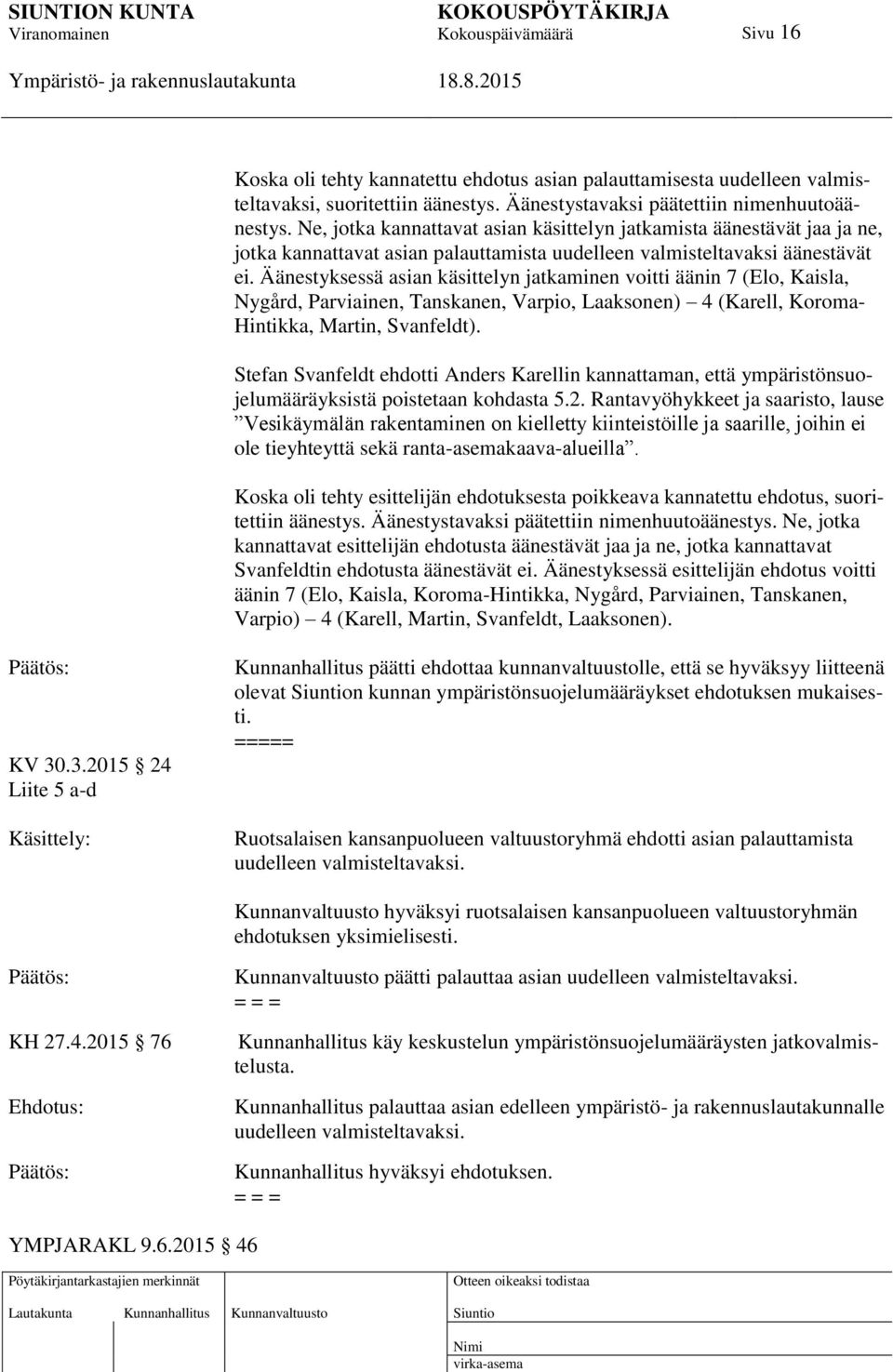 Äänestyksessä asian käsittelyn jatkaminen voitti äänin 7 (Elo, Kaisla, Nygård, Parviainen, Tanskanen, Varpio, Laaksonen) 4 (Karell, Koroma- Hintikka, Martin, Svanfeldt).