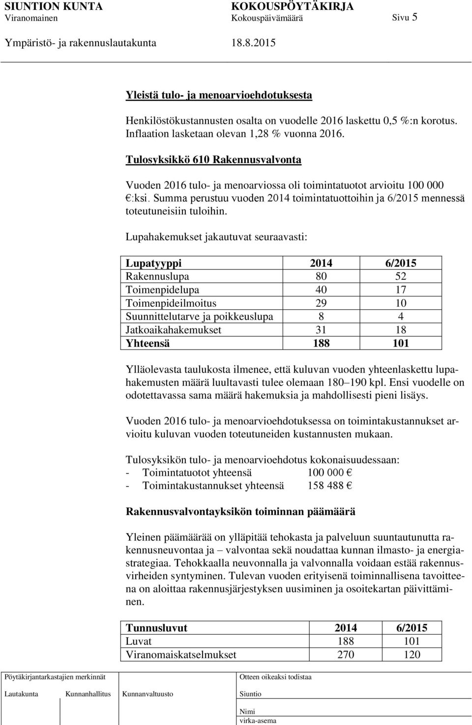 Lupahakemukset jakautuvat seuraavasti: Lupatyyppi 2014 6/2015 Rakennuslupa 80 52 Toimenpidelupa 40 17 Toimenpideilmoitus 29 10 Suunnittelutarve ja poikkeuslupa 8 4 Jatkoaikahakemukset 31 18 Yhteensä