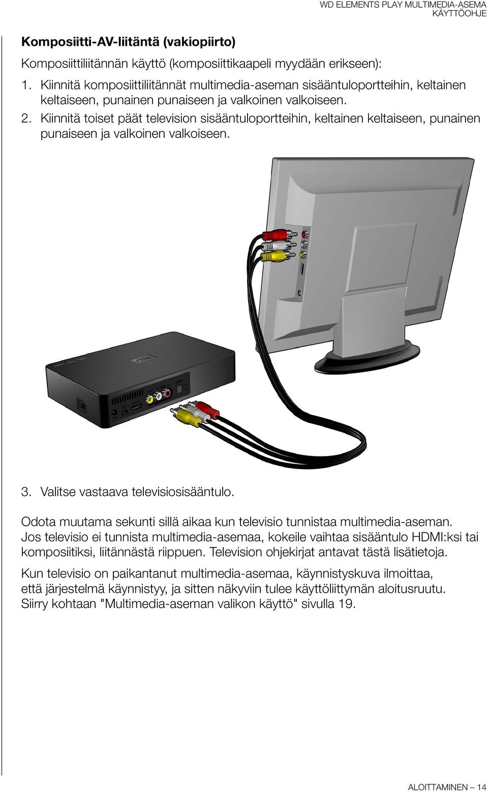 Kiinnitä toiset päät television sisääntuloportteihin, keltainen keltaiseen, punainen punaiseen ja valkoinen valkoiseen. 3. Valitse vastaava televisiosisääntulo.